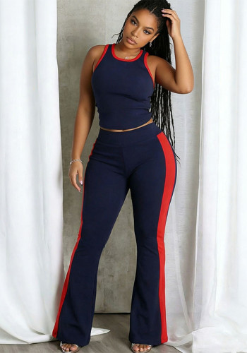 Women Side Striped Vest Top and Bell Bottom Pant Casual Two-Piece Set
