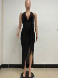 Women Party Sleeveless Halter Neck Backless Sequined Dress