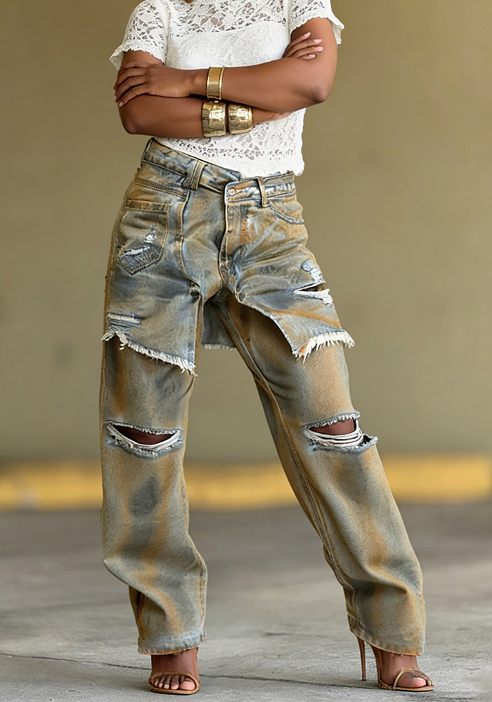 Irregular Ripped Denim Jeans for Casual Streetwear