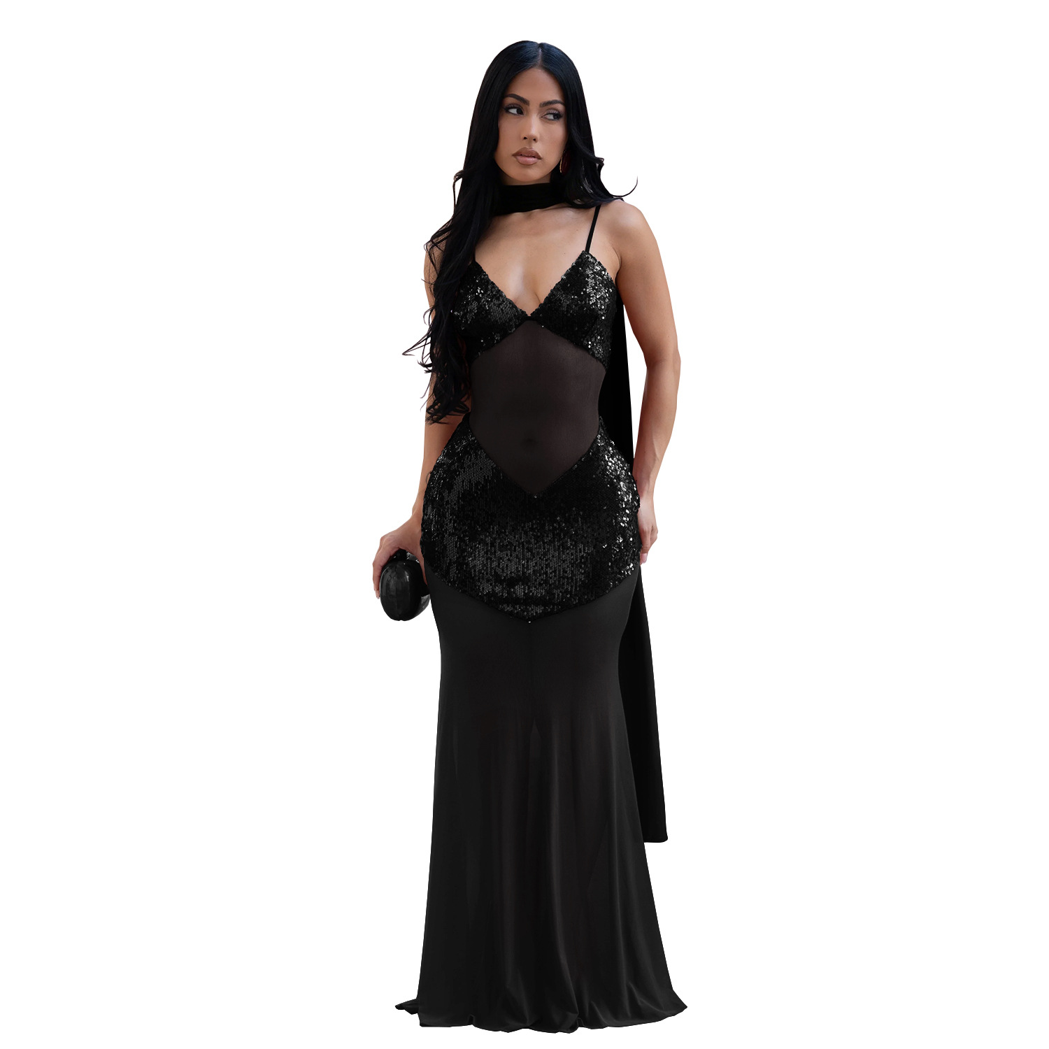 Mesh Camisole V-Neck Sequined Dress for Evening Parties