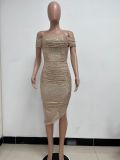 Women Slit Pleated Summer Sequined Backless Off Shoulder Dress