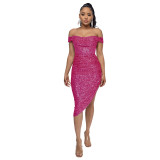Women Slit Pleated Summer Sequined Backless Off Shoulder Dress