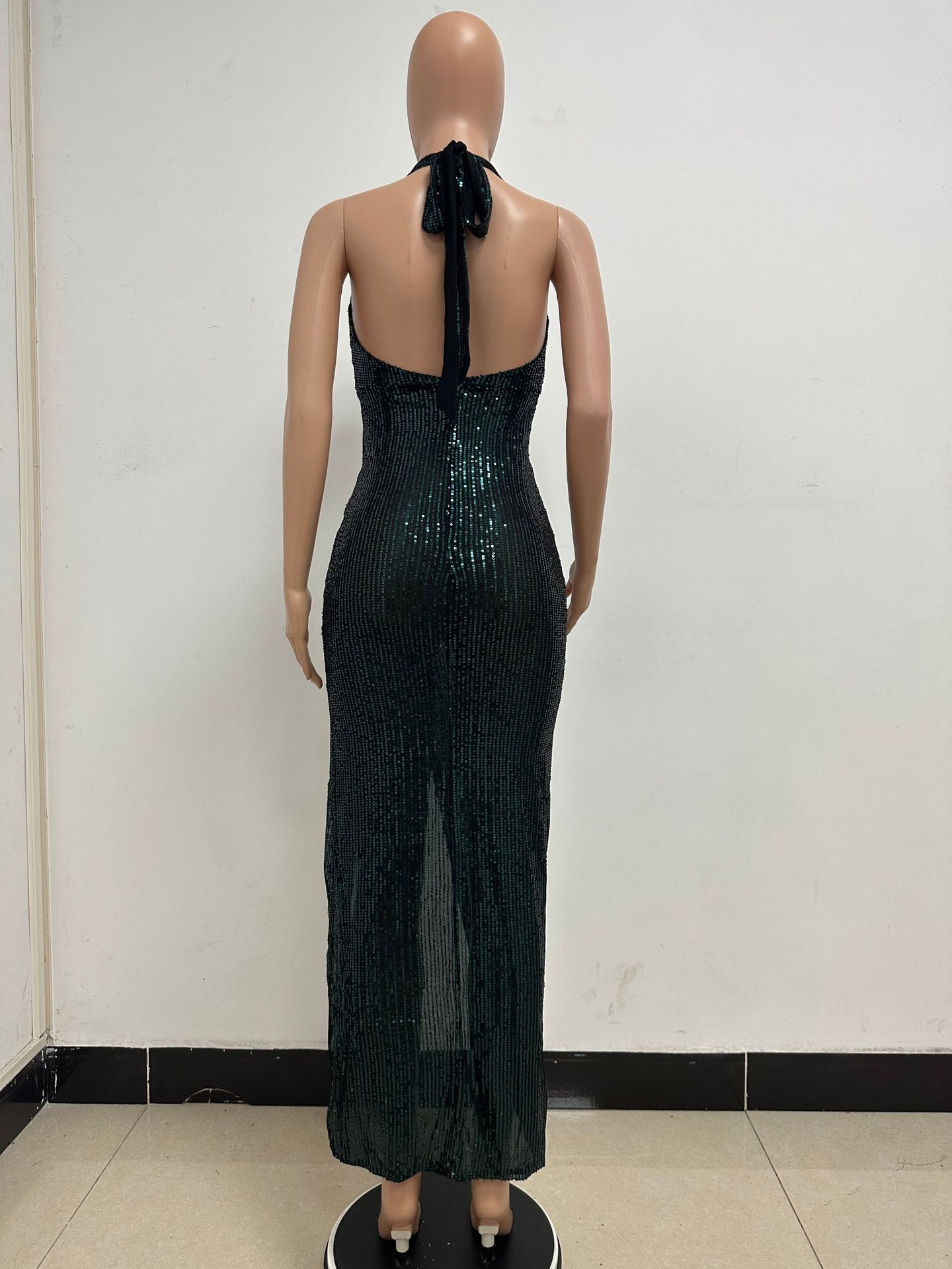 Sleeveless Halter Backless Sequined Dress for Evening Parties