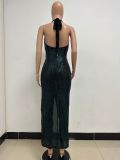 Women Party Sleeveless Halter Neck Backless Sequined Dress