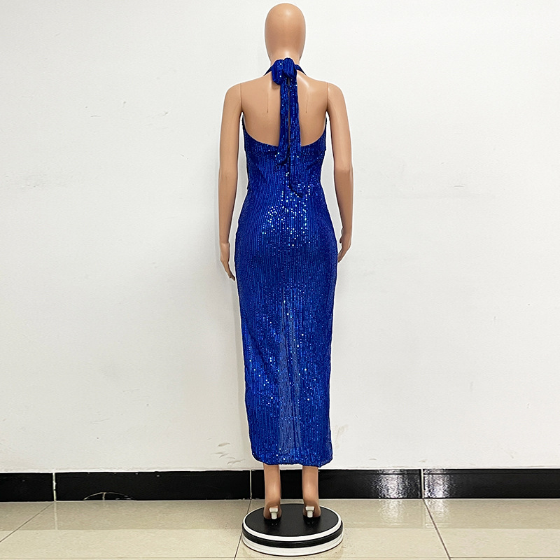 Sleeveless Halter Backless Sequined Dress for Evening Parties