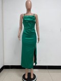 Women Slit Pleated Sleeveless Herringbone French Strap Dress