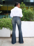 Women Raw Edge Lace-Up Bell Bottom Denim Pant