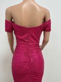 Women Slit Pleated Summer Sequined Backless Off Shoulder Dress
