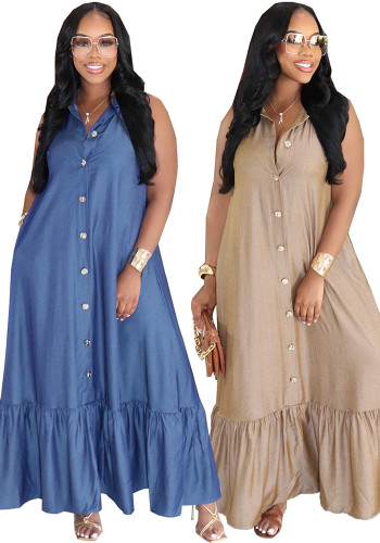 Women Casual Sleeveless Ruffle Holidays Turndown Collar Dress