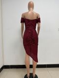 Women Slit Pleated Summer Sequined Backless Off Shoulder Dress