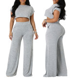 Women Casual Summer Crop Top Wide-Leg Pants Two-Piece Set