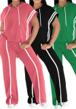 Women Striped Hooded T-Shirt and Pants Casual Two-Piece Set
