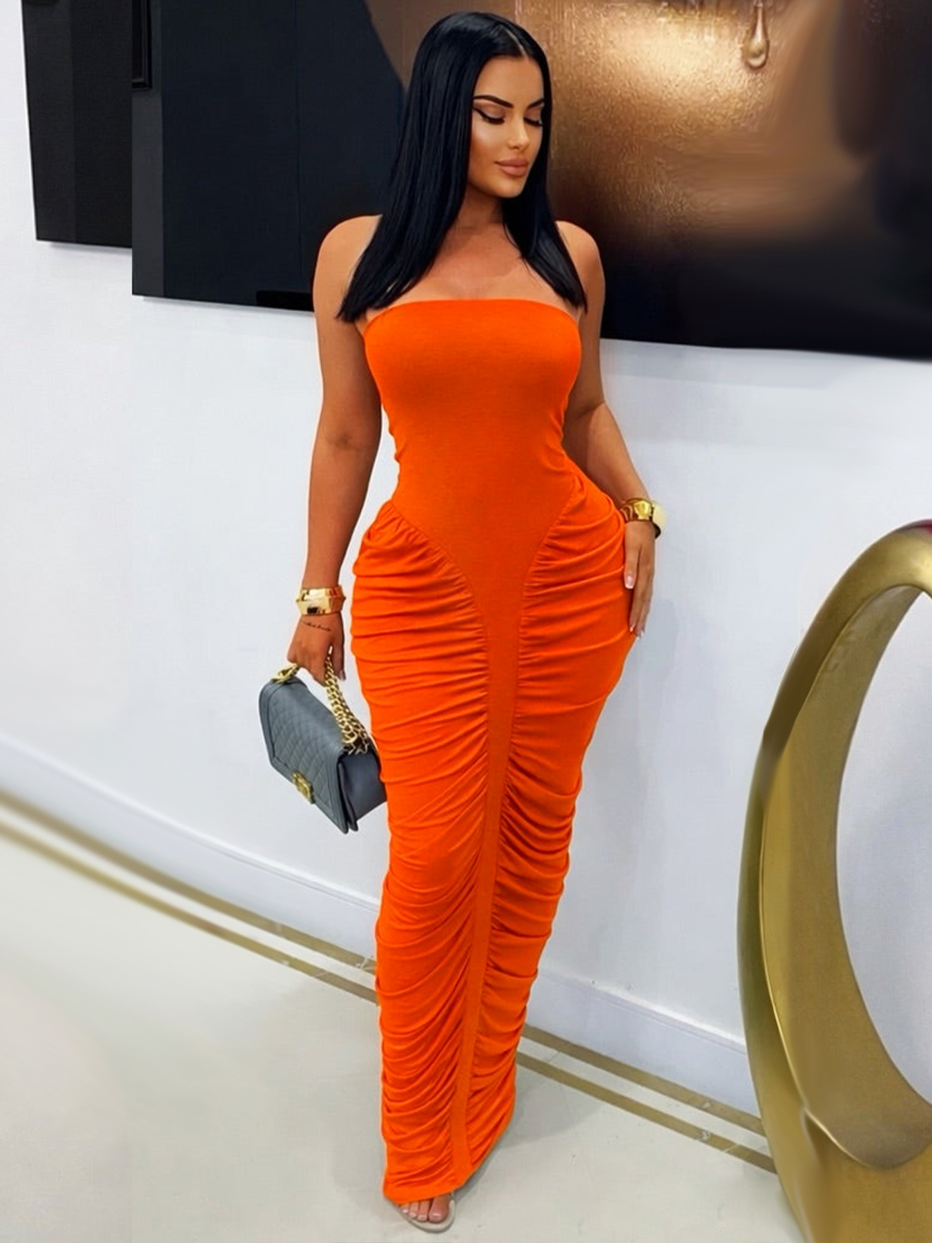 Strapless Pleated Bodycon Maxi Dress for Summer Evenings