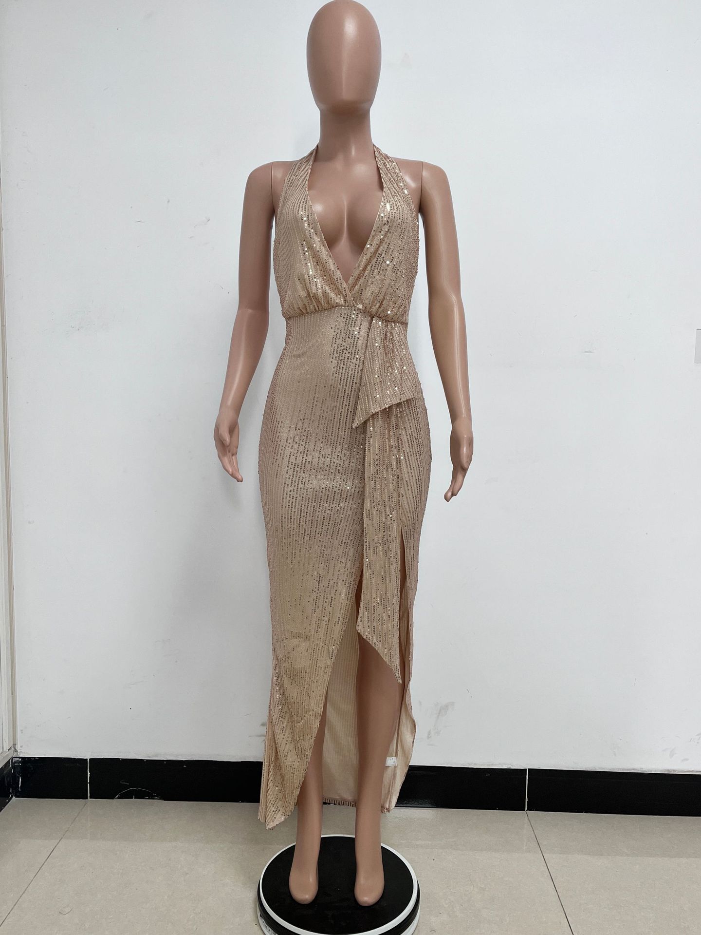Sleeveless Halter Backless Sequined Dress for Evening Parties