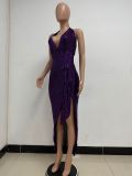 Women Party Sleeveless Halter Neck Backless Sequined Dress