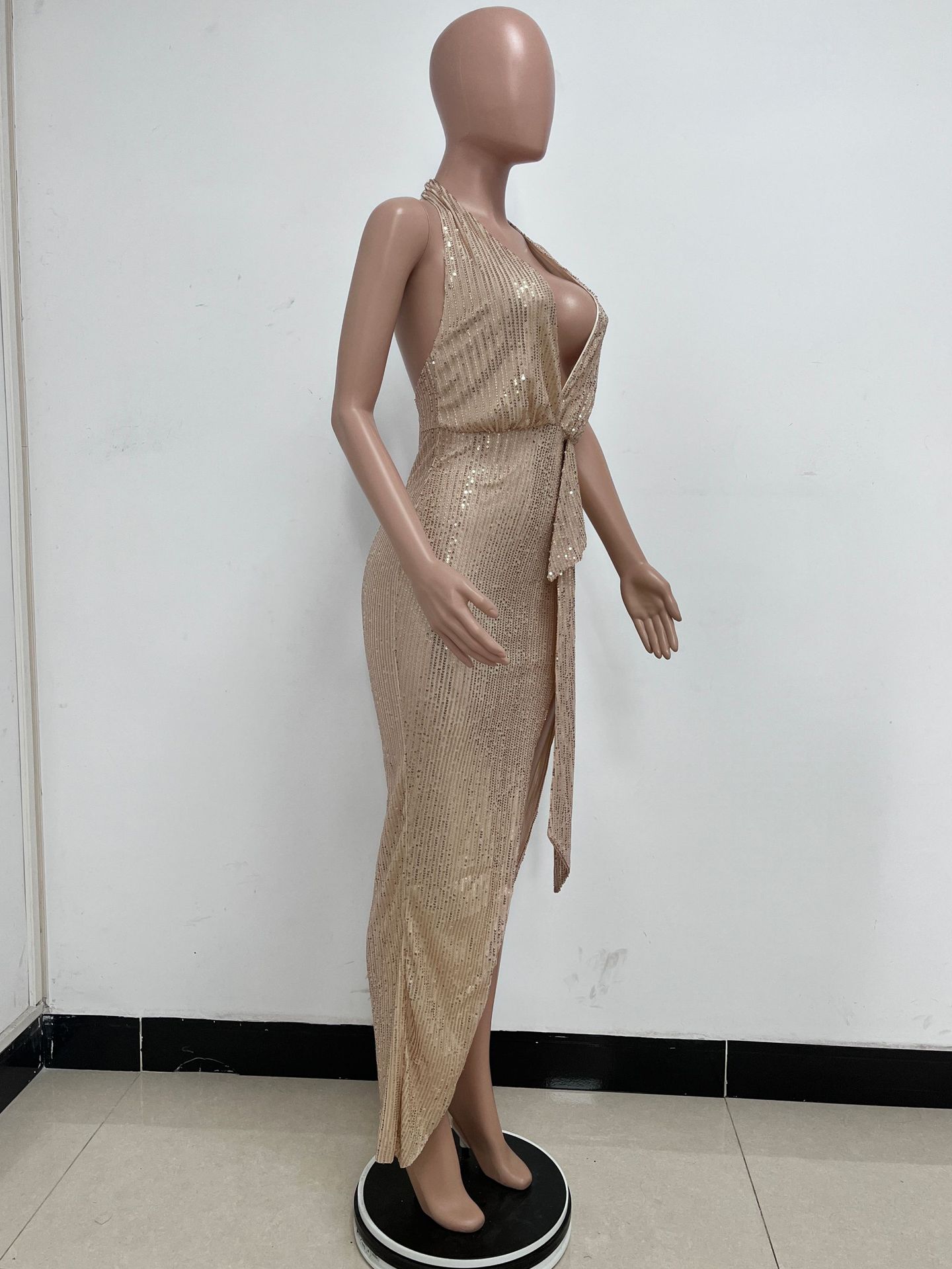 Sleeveless Halter Backless Sequined Dress for Evening Parties