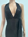 Women Party Sleeveless Halter Neck Backless Sequined Dress