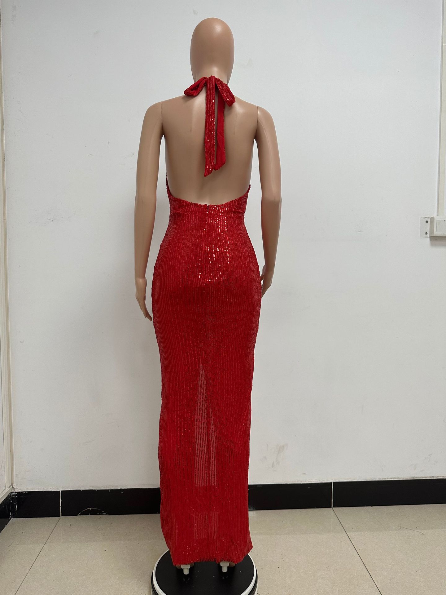 Sleeveless Halter Backless Sequined Dress for Evening Parties