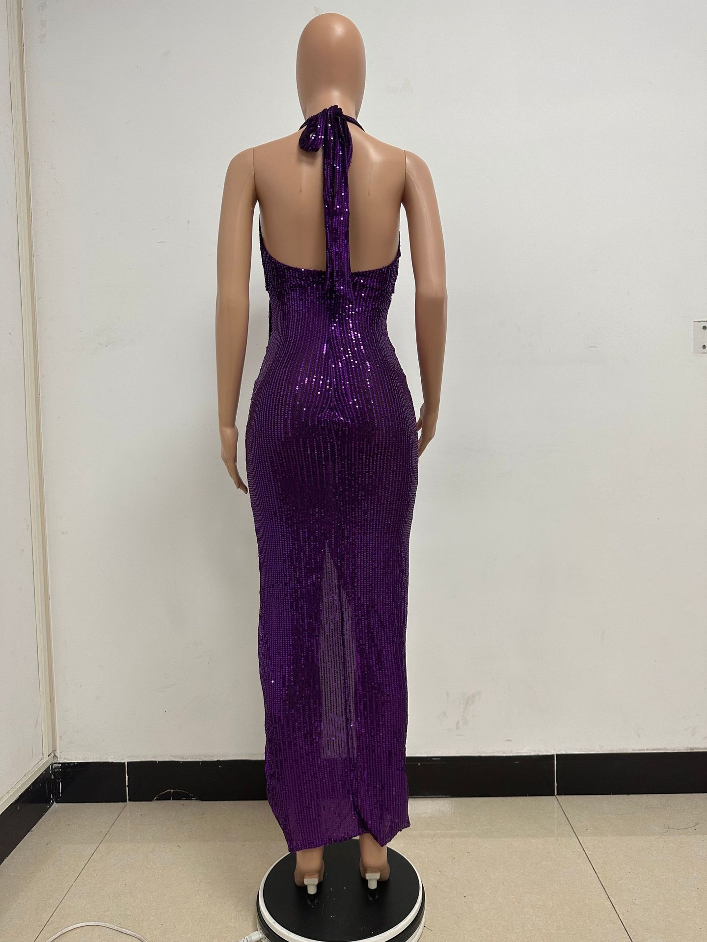Sleeveless Halter Backless Sequined Dress for Evening Parties