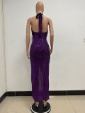 Women Party Sleeveless Halter Neck Backless Sequined Dress