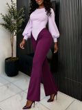 Women Lantern Sleeve Casual Asymmetrical Top and Bell Bottom Pants Two-Piece Set