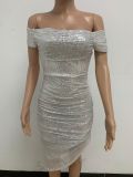Women Slit Pleated Summer Sequined Backless Off Shoulder Dress