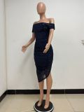 Women Slit Pleated Summer Sequined Backless Off Shoulder Dress