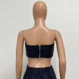Women Strapless Sequined Top and Skirt Two-Piece Set