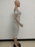 Women Slit Pleated Summer Sequined Backless Off Shoulder Dress