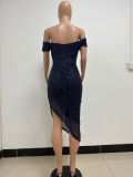 Women Slit Pleated Summer Sequined Backless Off Shoulder Dress
