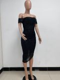 Women Slit Pleated Summer Sequined Backless Off Shoulder Dress