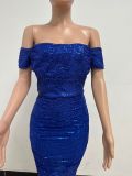 Women Slit Pleated Summer Sequined Backless Off Shoulder Dress
