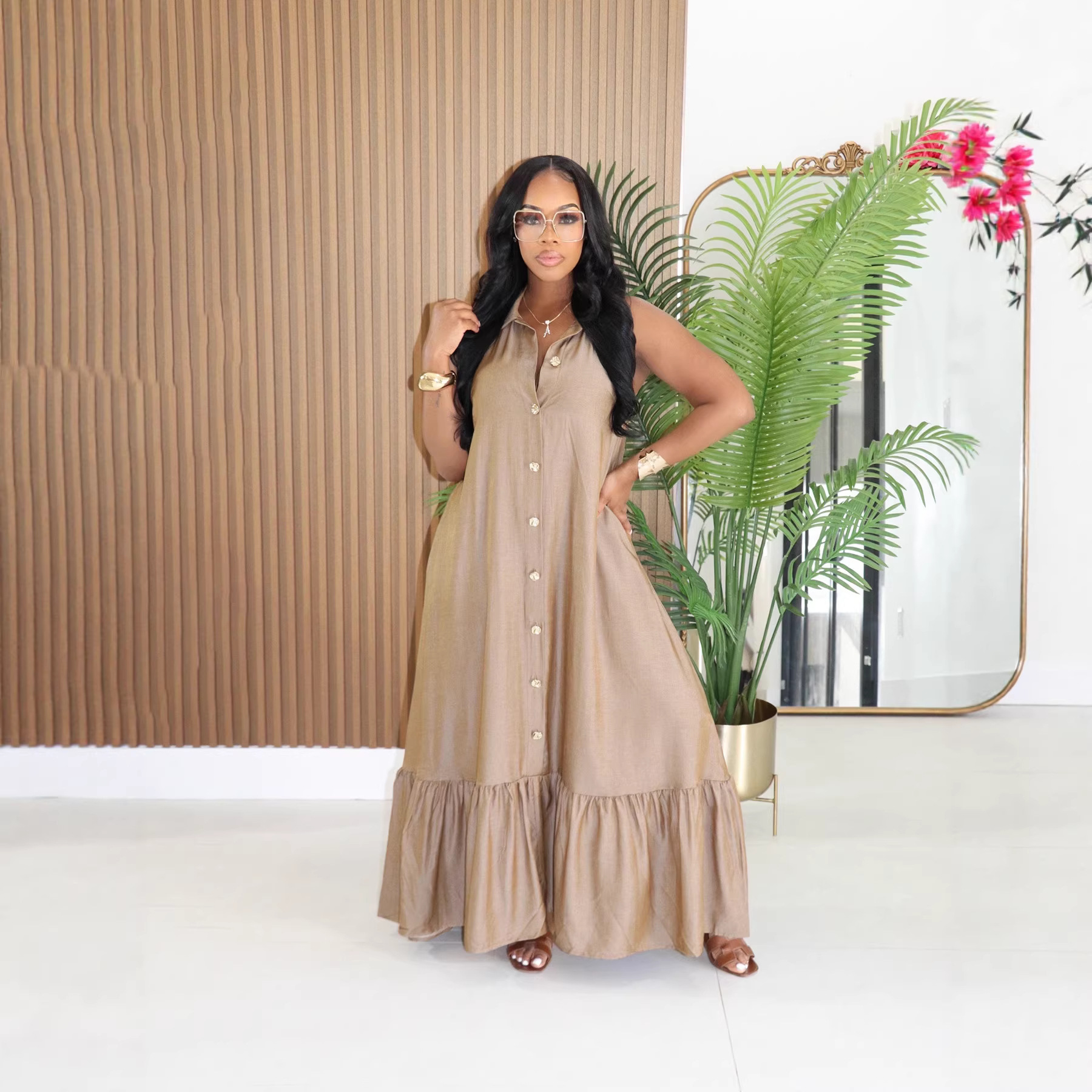 Sleeveless Ruffle Turndown Collar Dress for Summer Holidays