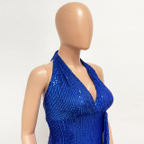 Women Party Sleeveless Halter Neck Backless Sequined Dress