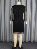 Women Sexy Black See-Through Beaded Tassel V-Neck Formal Party Dress