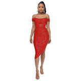 Women Slit Pleated Summer Sequined Backless Off Shoulder Dress