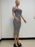 Women Slit Pleated Summer Sequined Backless Off Shoulder Dress