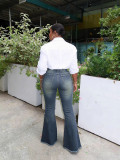 Women Raw Edge Lace-Up Bell Bottom Denim Pant