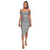 Women Slit Pleated Summer Sequined Backless Off Shoulder Dress