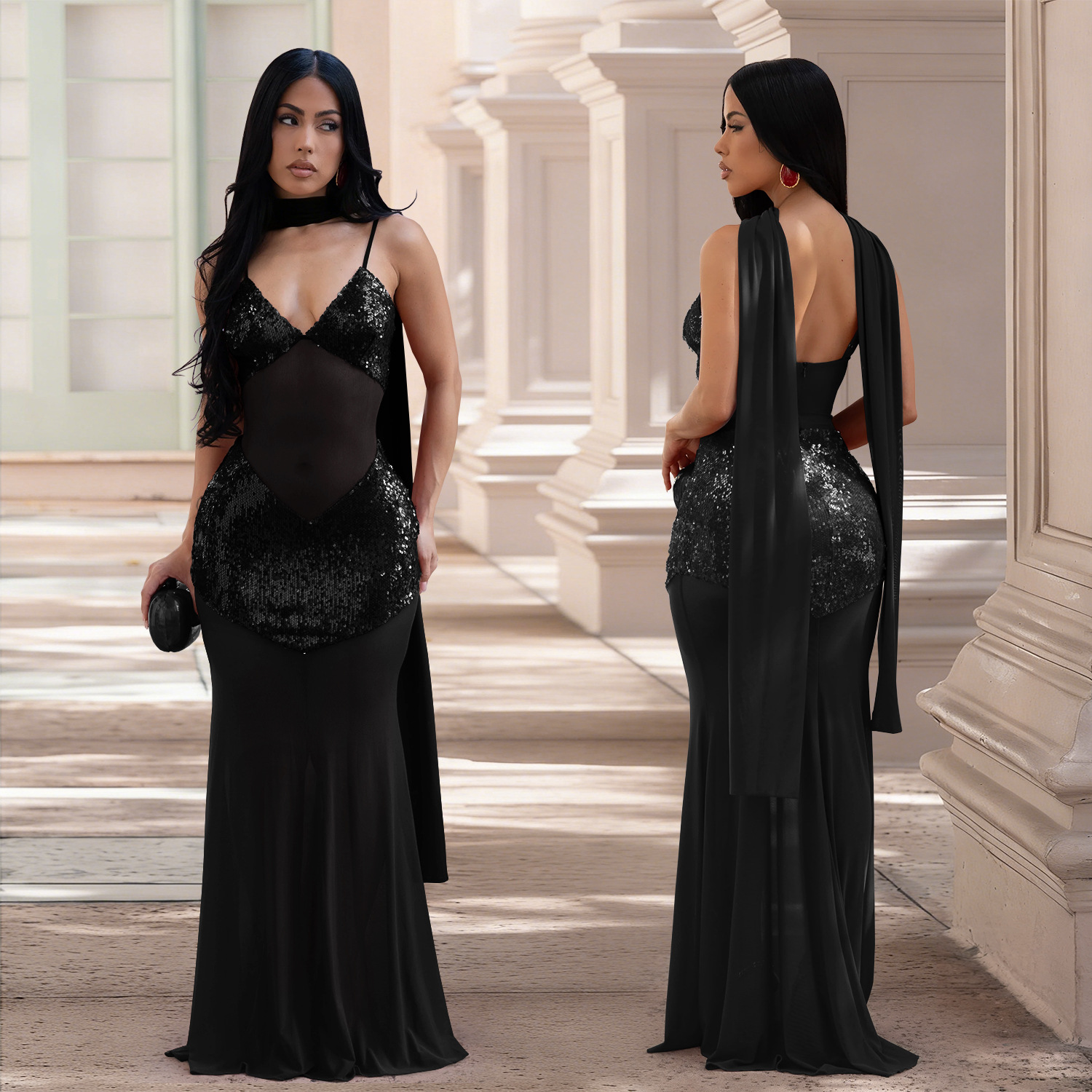 Mesh Camisole V-Neck Sequined Dress for Evening Parties