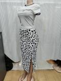Women Top and Sexy Leopard Print Fur Bodycon Skirt Two-Piece Set