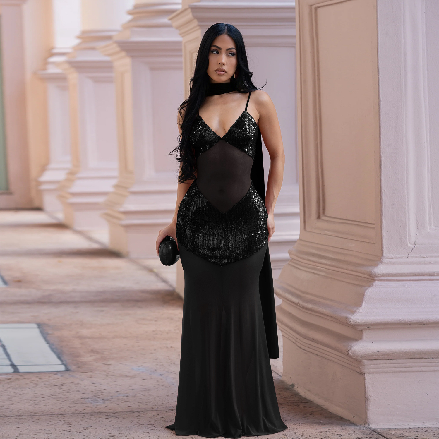 Mesh Camisole V-Neck Sequined Dress for Evening Parties