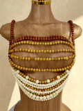Women Multi-Layer Beaded Brown Bead Halter Neck Necklace