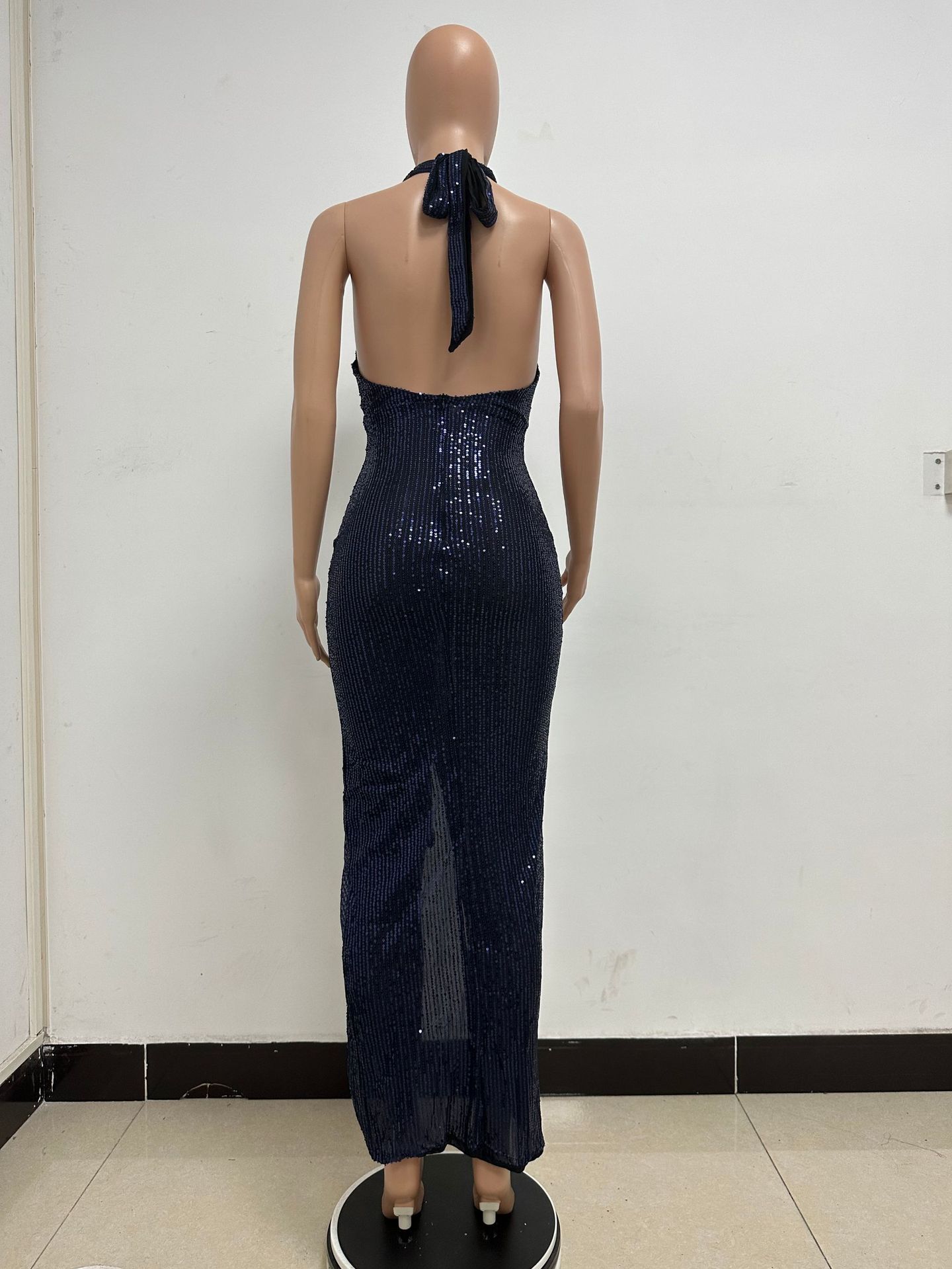 Sleeveless Halter Backless Sequined Dress for Evening Parties