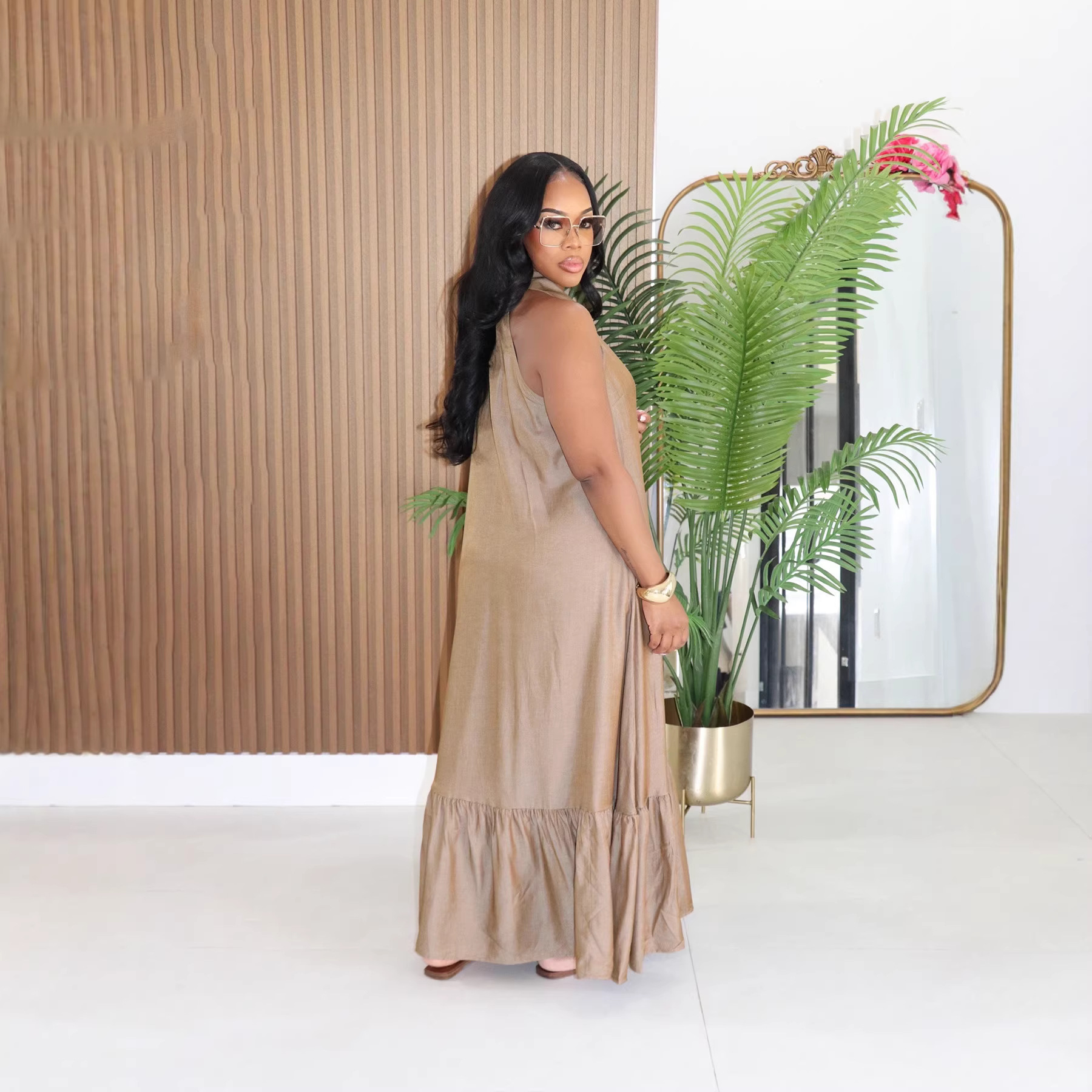 Sleeveless Ruffle Turndown Collar Dress for Summer Holidays
