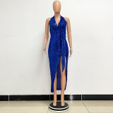 Women Party Sleeveless Halter Neck Backless Sequined Dress