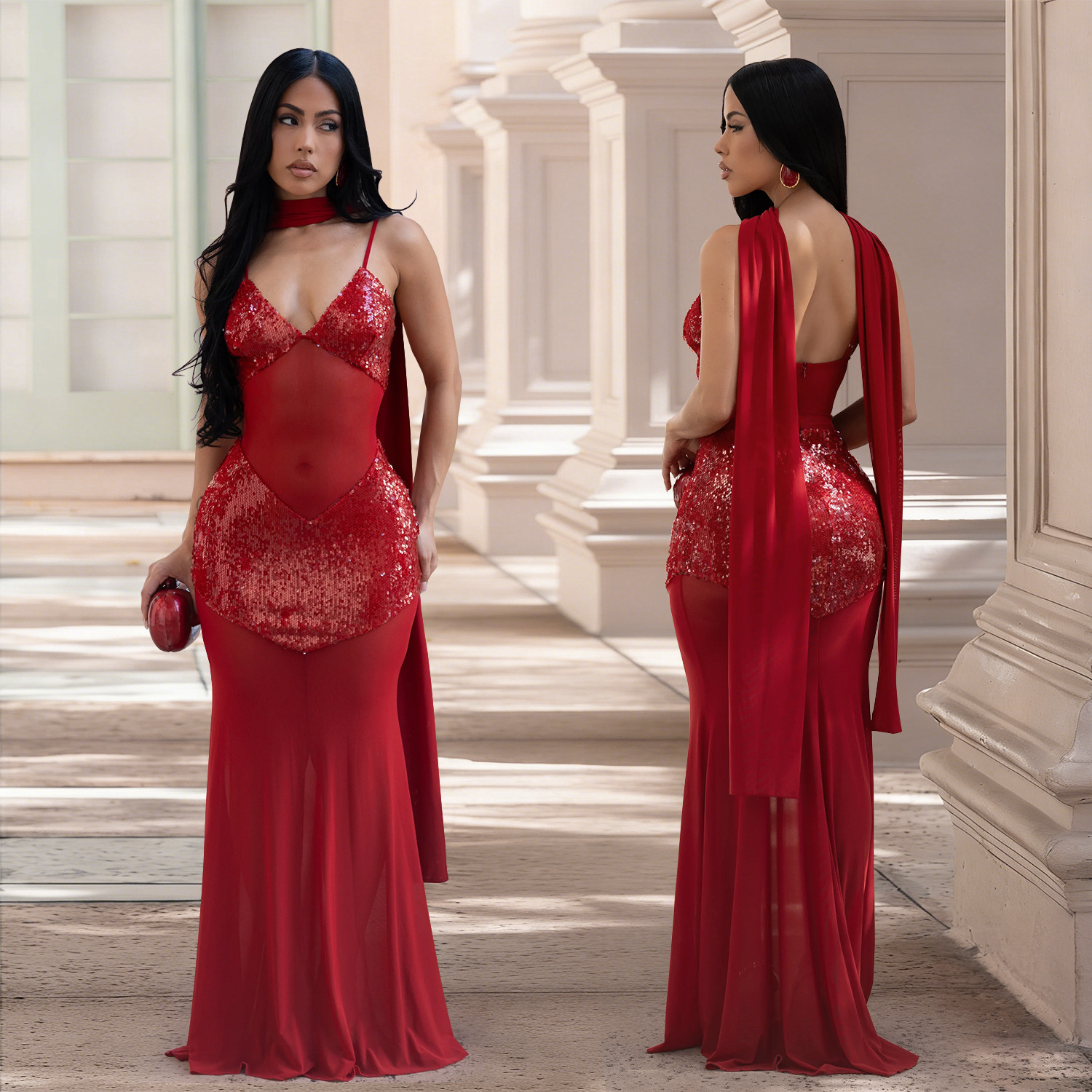 Mesh Camisole V-Neck Sequined Dress for Evening Parties