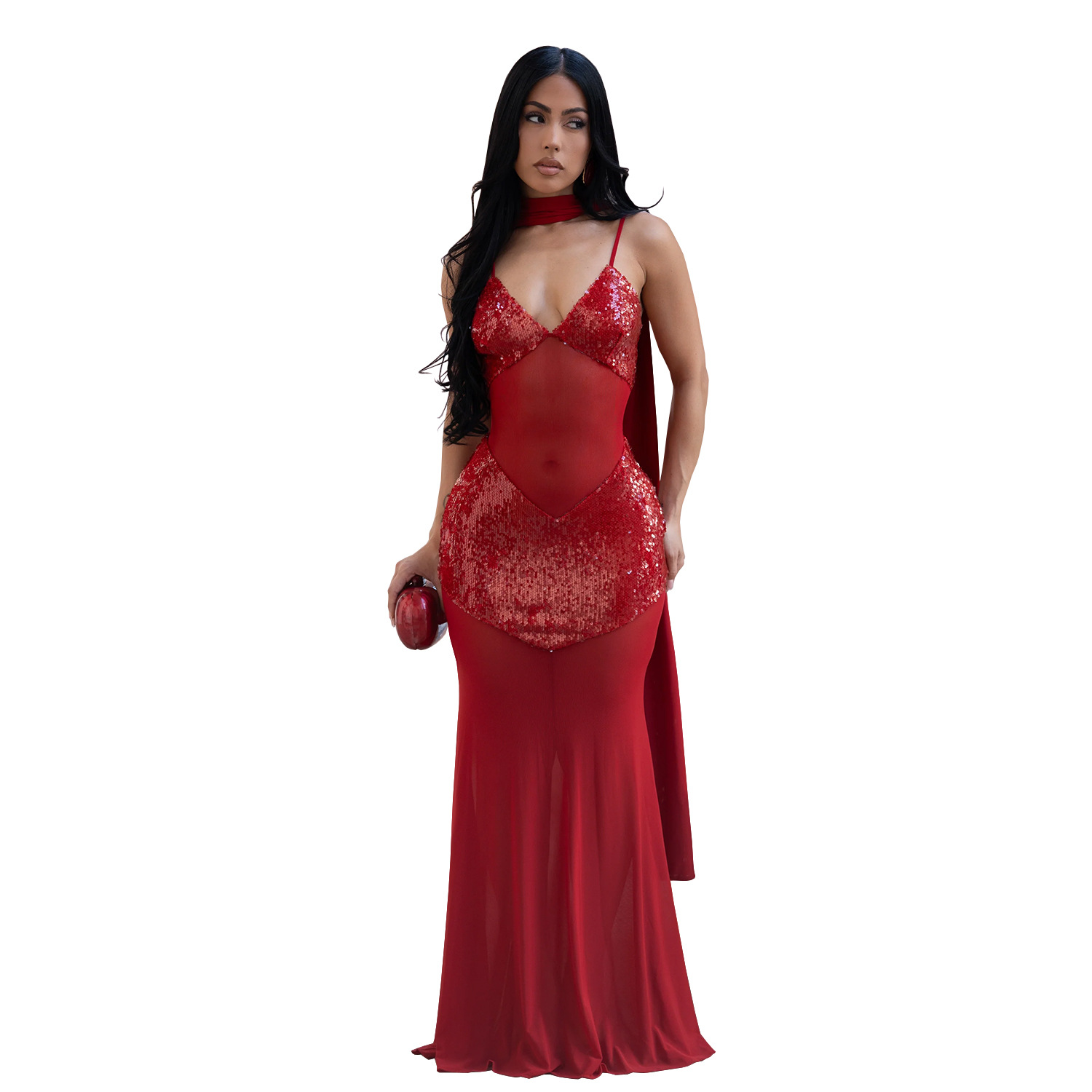 Mesh Camisole V-Neck Sequined Dress for Evening Parties