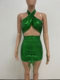Women Halter Neck Backless Hollow-Out Dress Pleated Sequin Bodycon Dress