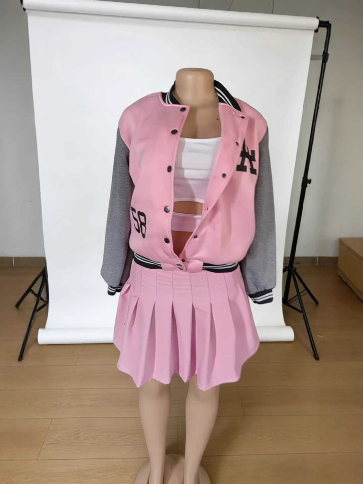 Baseball Jacket & Skirt Three-Piece Set for Casual Streetwear